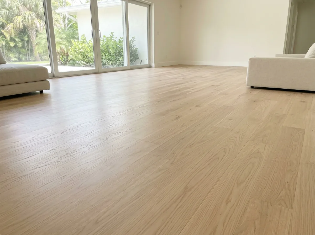 Sanded white oak floor with a clear satin finish and no stain in a bright living room
