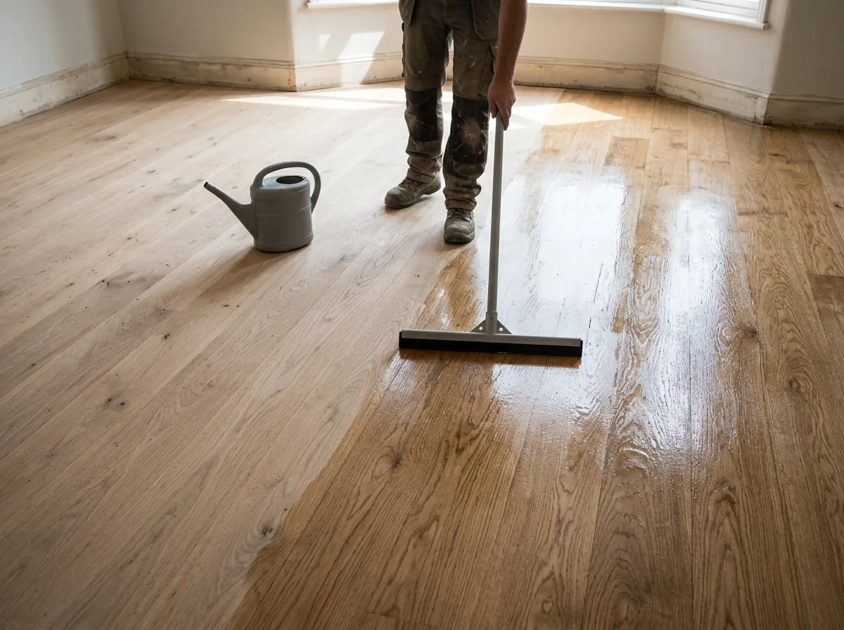 Water spread in an even sheen across a freshly sanded oak floor with a plain gray T-bar applicator