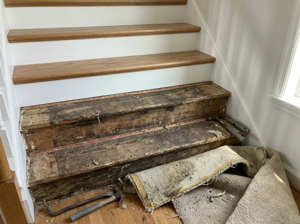Stairs with carpet pulled off the lower steps and new oak treads on the steps above