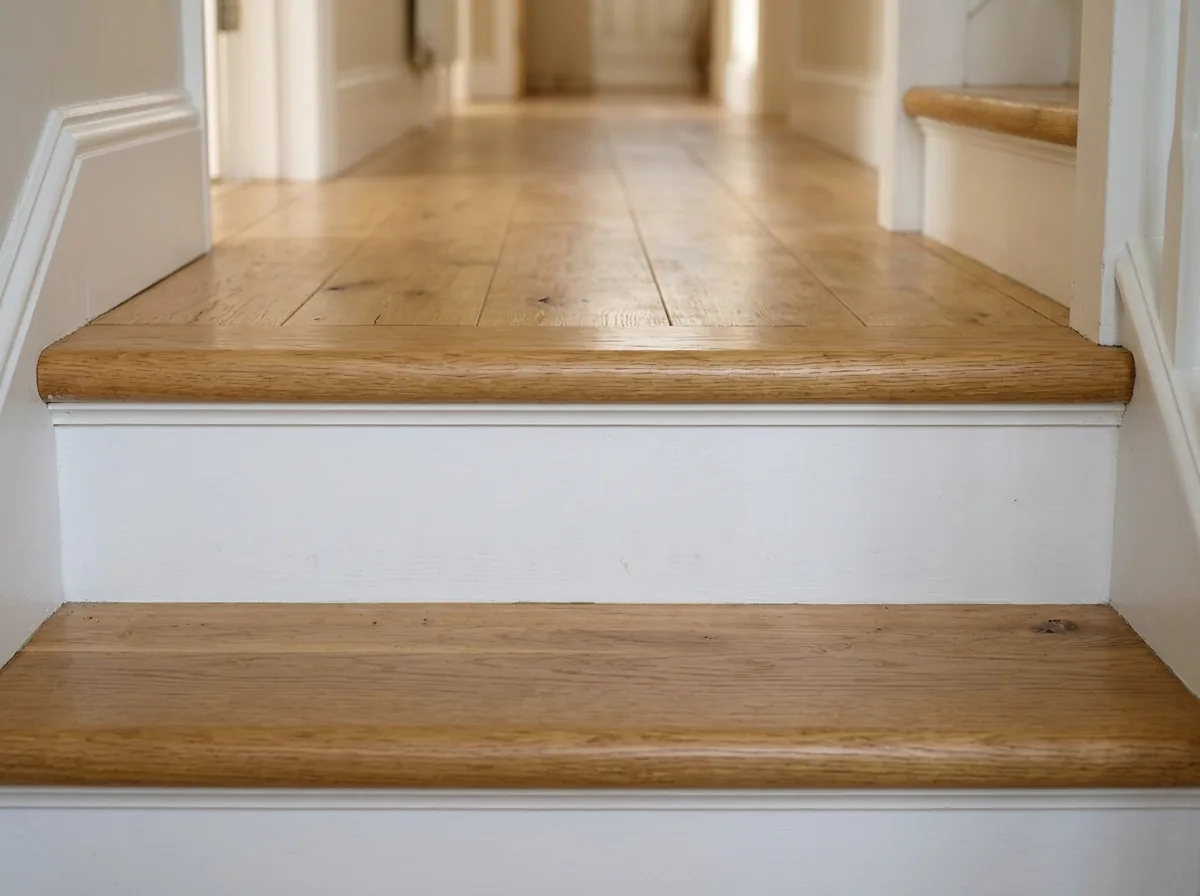 Rounded oak stair nosing over a white riser below an oak landing