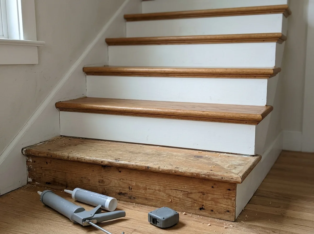 Oak retrofit tread caps over an existing staircase, the lowest step still bare