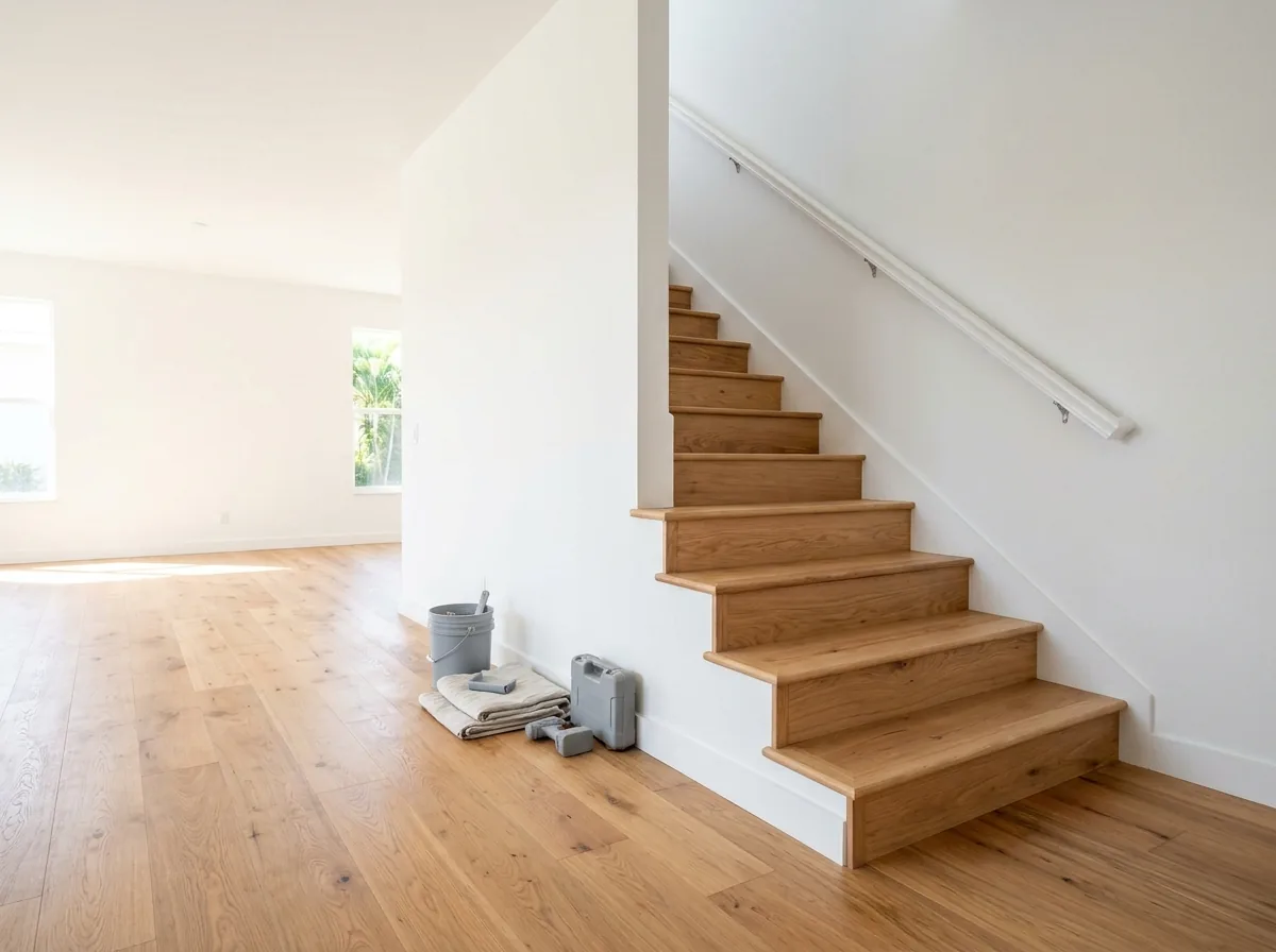 Staircase with new natural oak treads and matching oak risers
