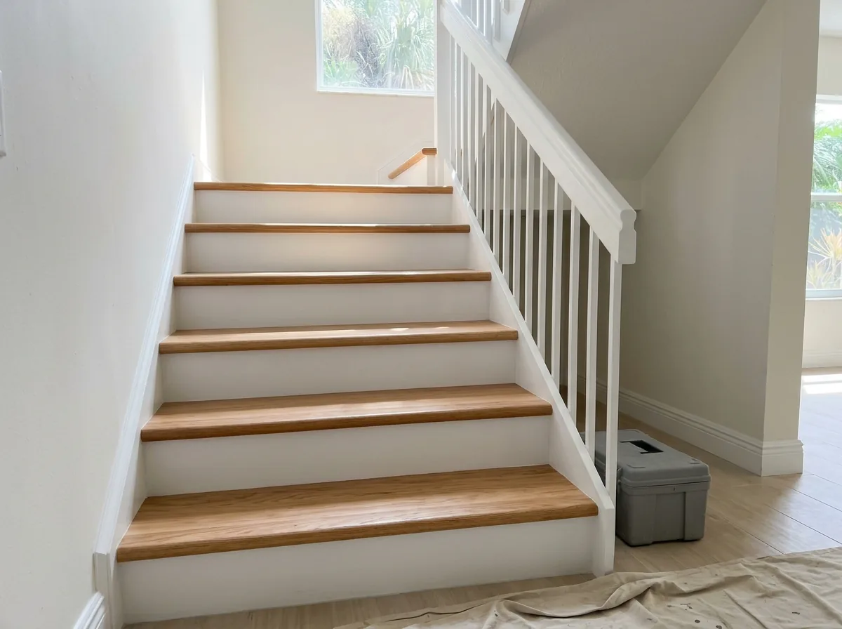 Staircase with new oak treads, rounded nosings and white risers