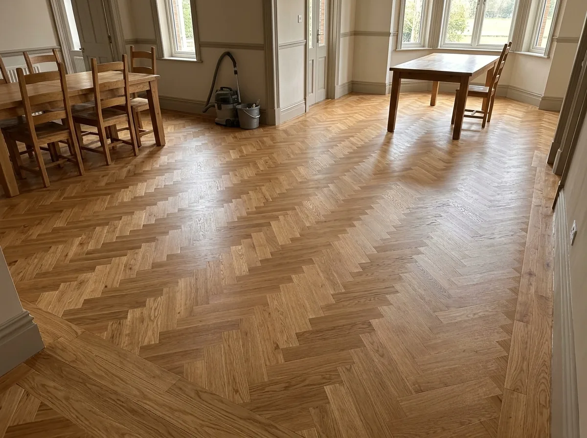 Herringbone oak floor with a single border row in a dining room
