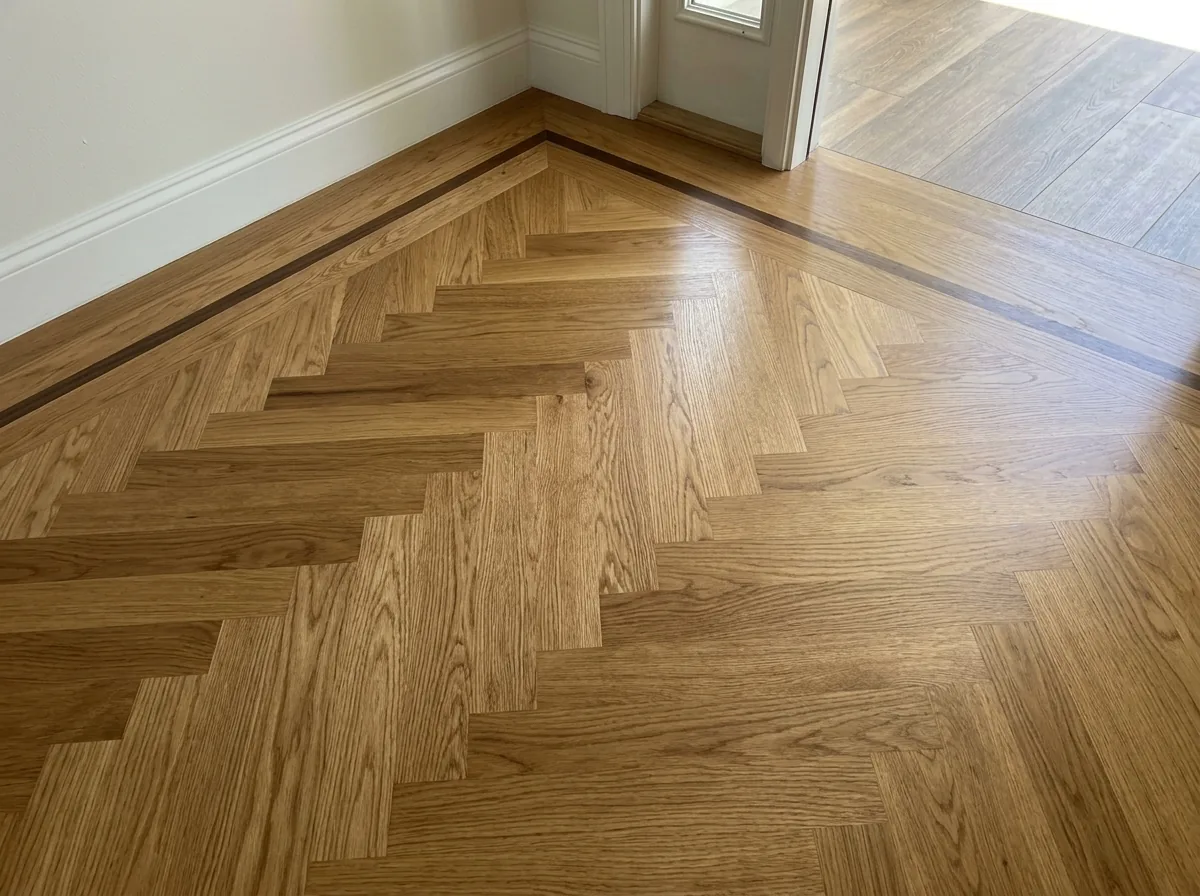 Oak herringbone field framed by a straight border row and a contrasting feature strip