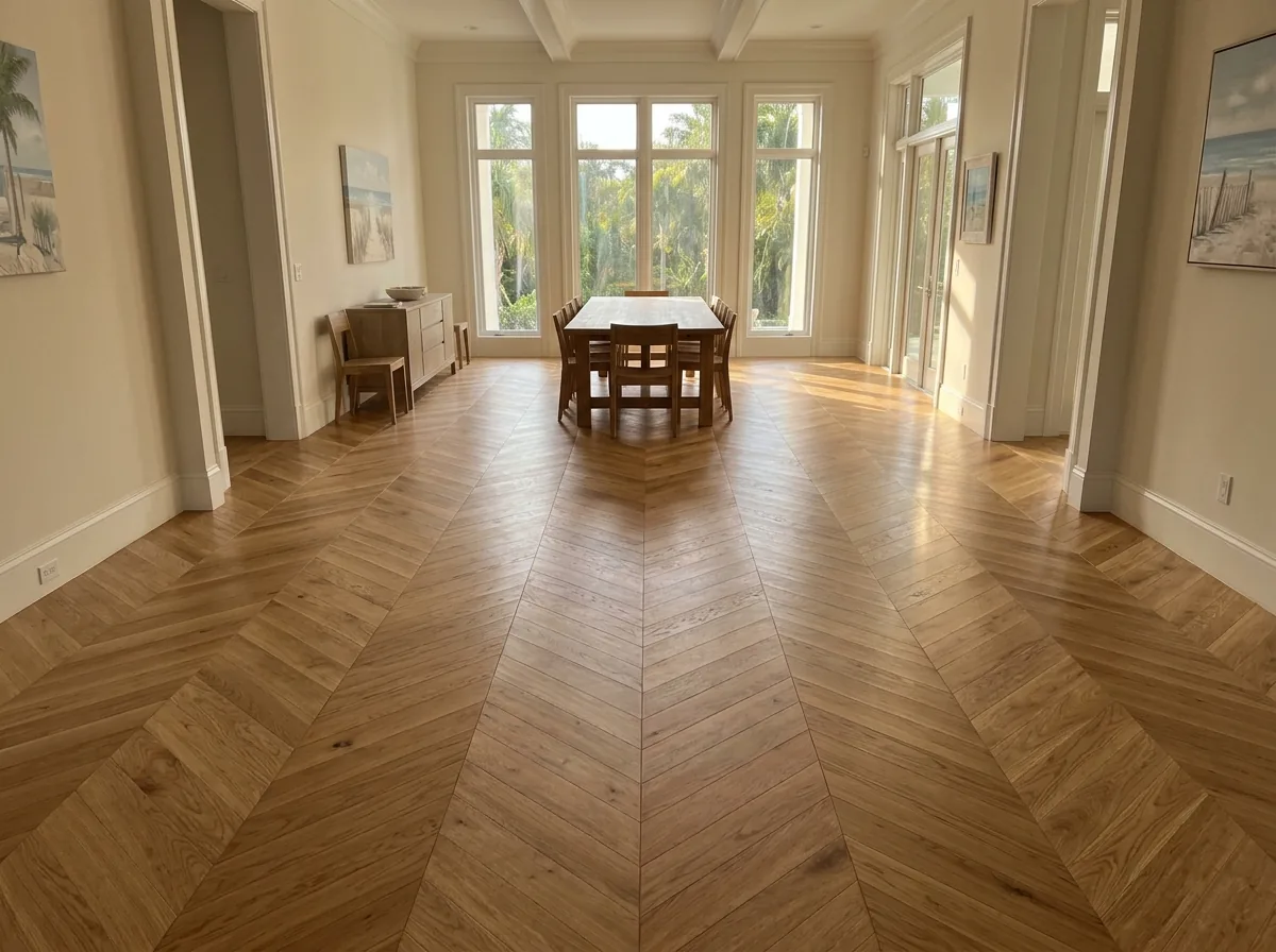 Chevron white oak floor with board ends meeting in sharp points down a dining room