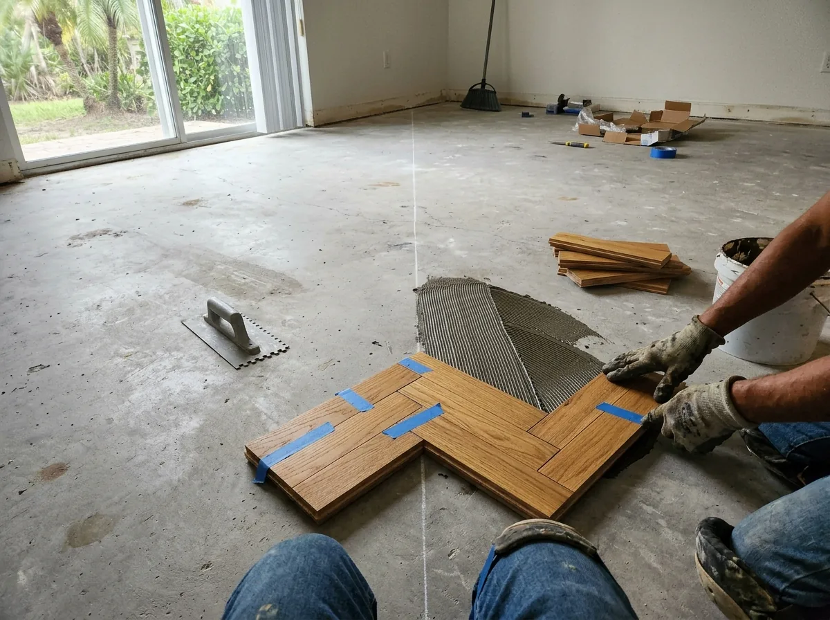 Engineered oak herringbone blocks being glued down from a center line on a concrete slab