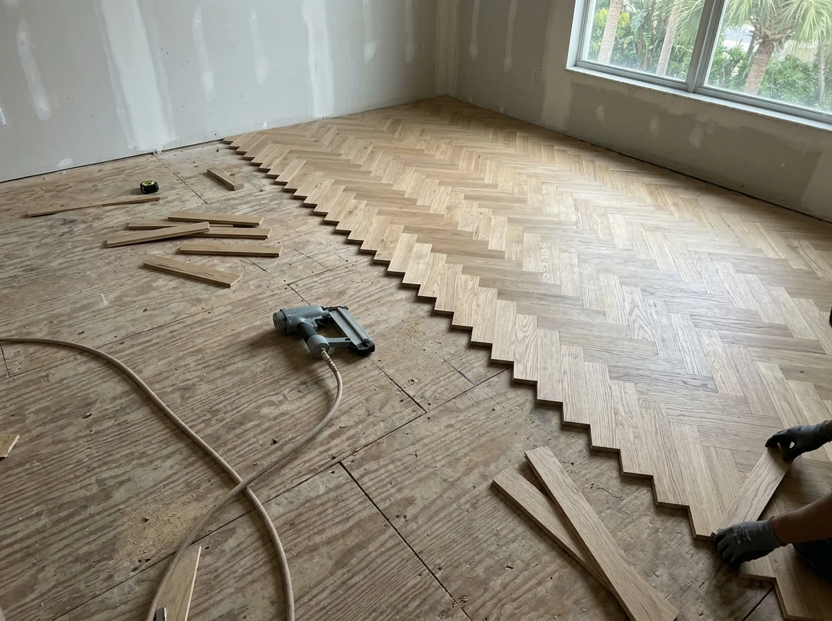 Solid oak herringbone strips being fastened over a plywood subfloor in an upstairs room