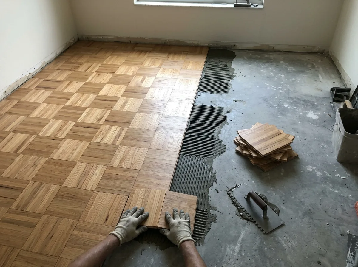 Square oak parquet tiles with a finger-block pattern being set into adhesive on a slab