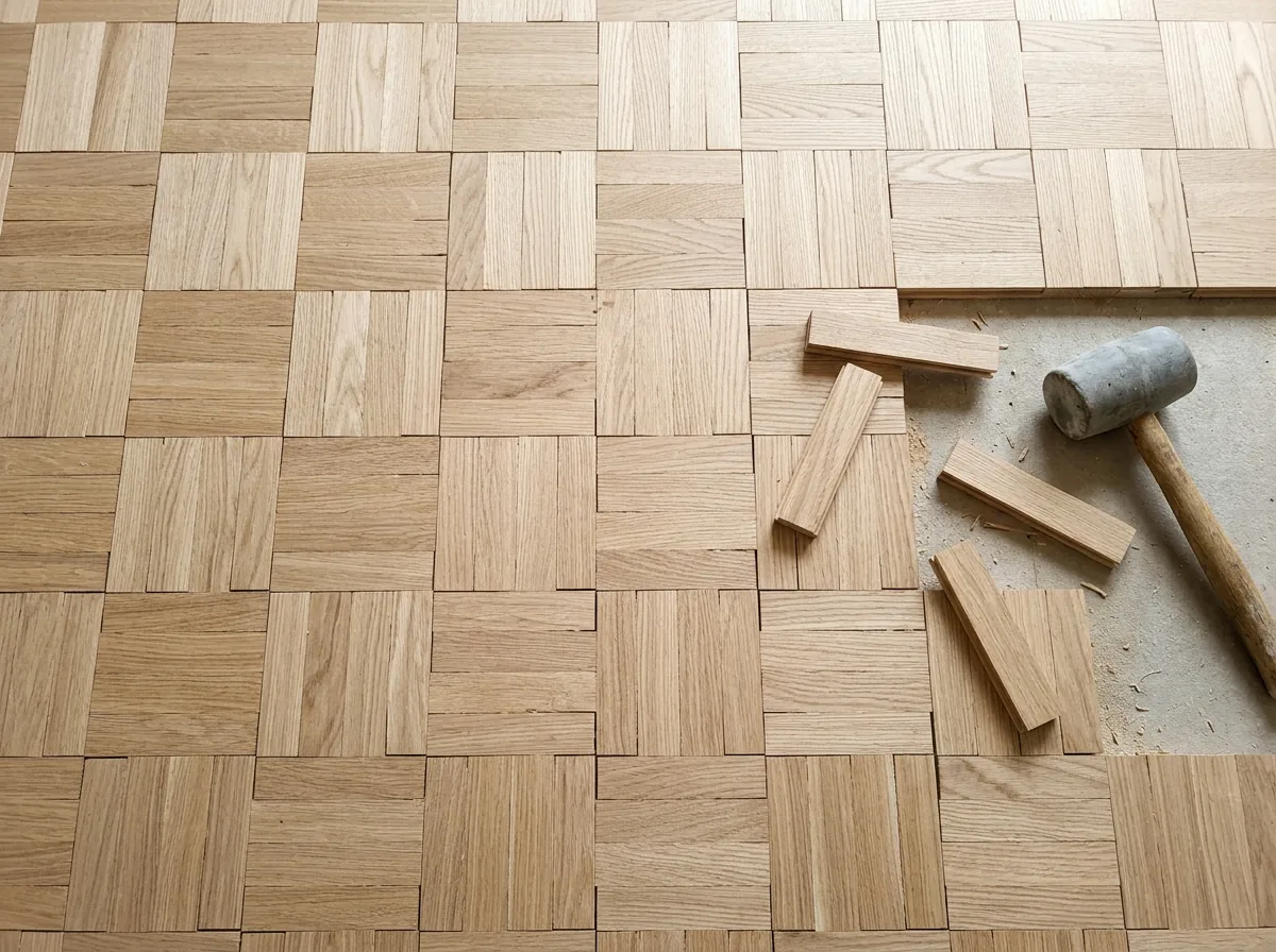 Hand-laid oak parquet in a basketweave pattern being fitted piece by piece