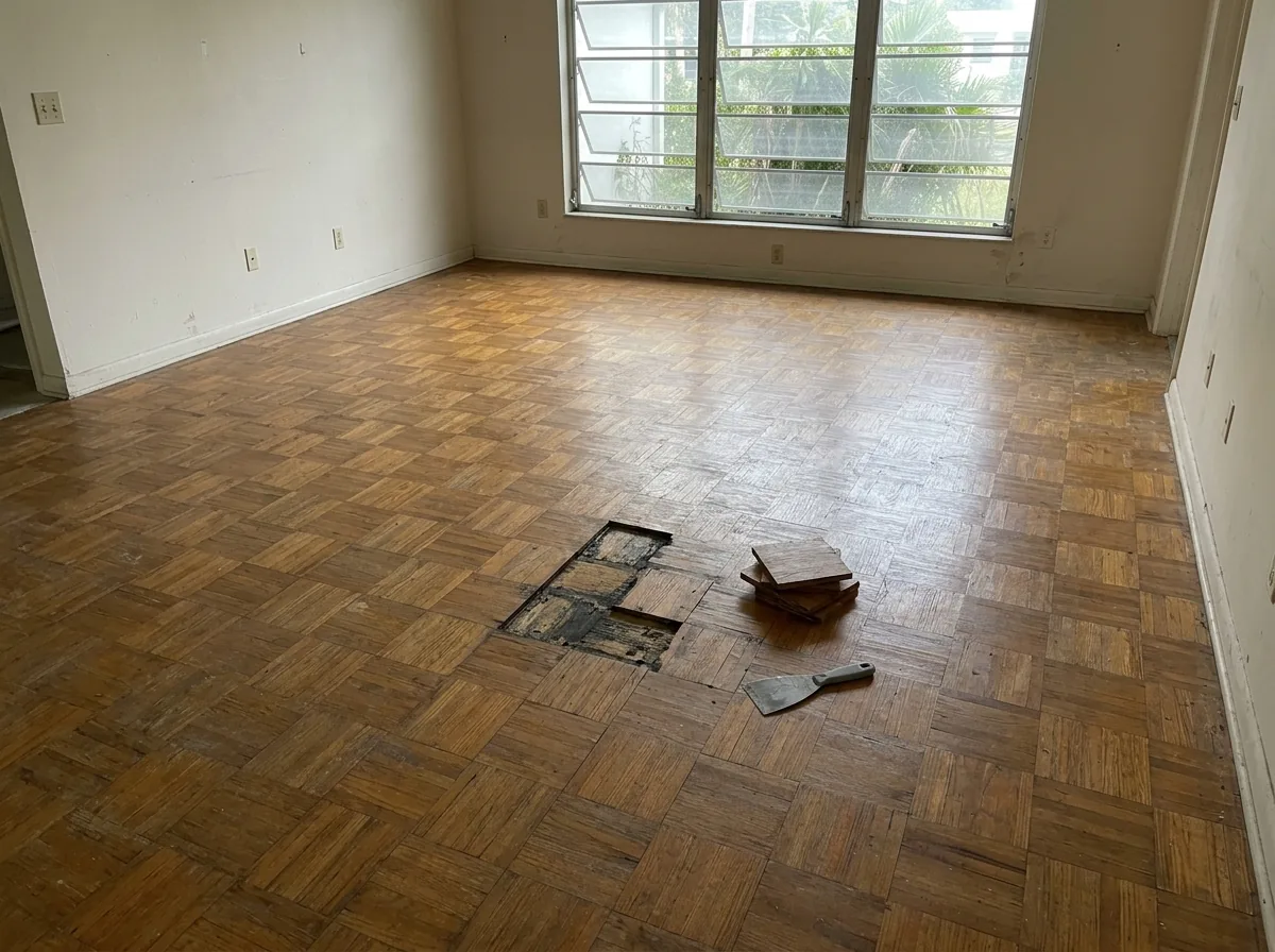 Worn older oak parquet floor with a few loose blocks lifted out before sanding