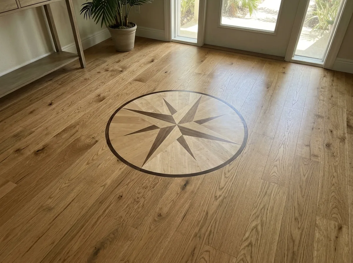 Round wood medallion with contrasting species inset into the center of an oak floor