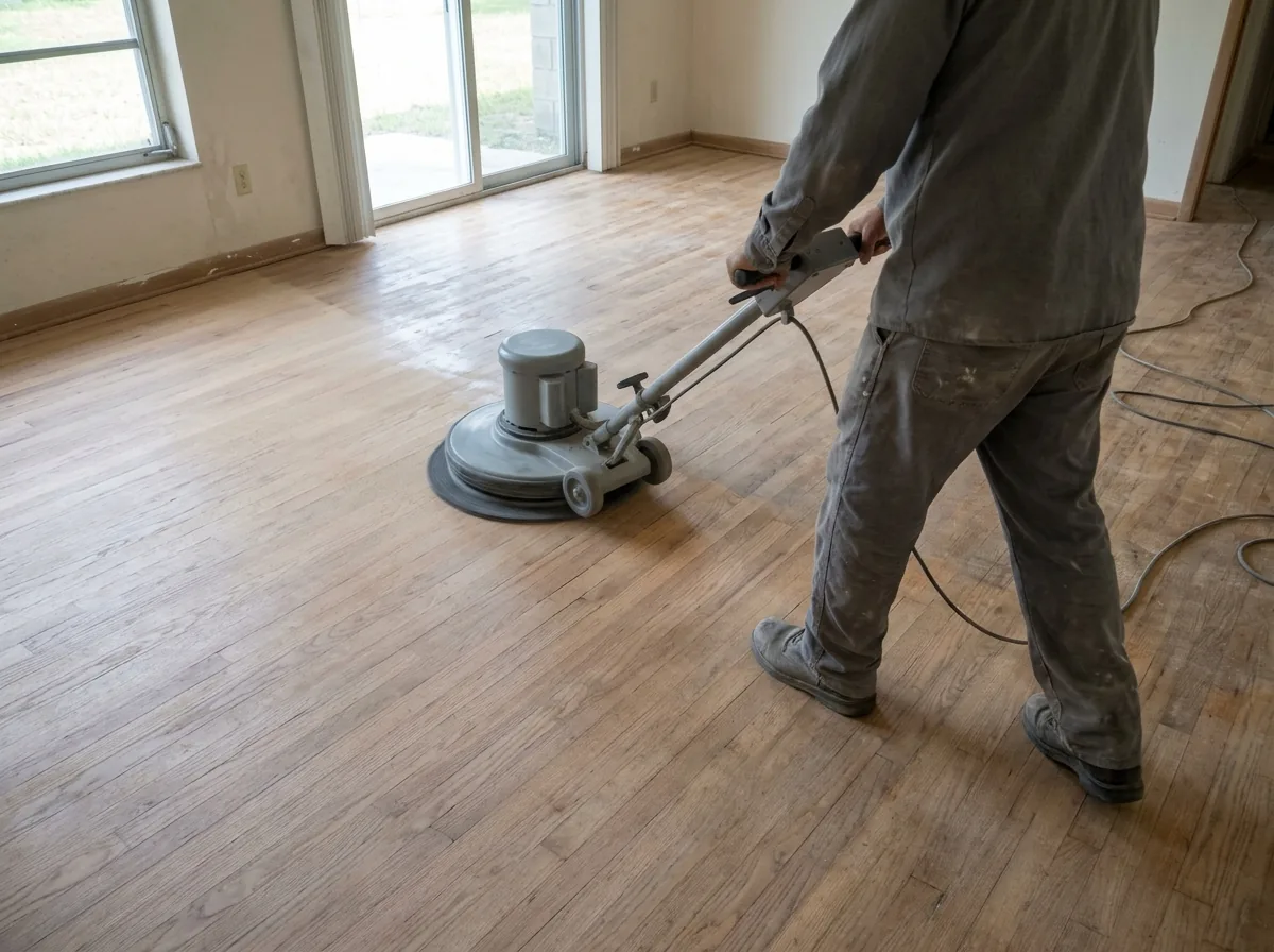 Floor buffer with a fine screen pad moving along the grain of a dull oak floor