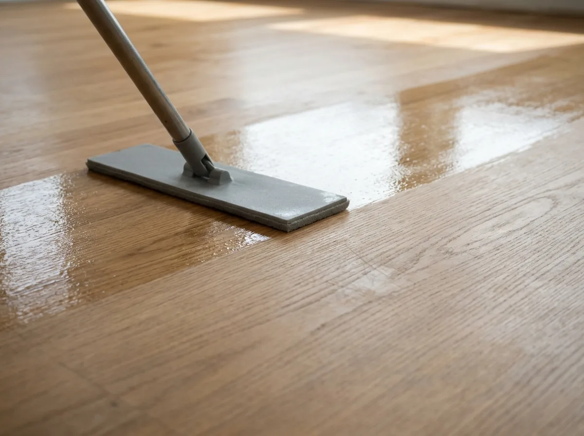 Applicator pad spreading a wet clear coat across a scuffed oak floor