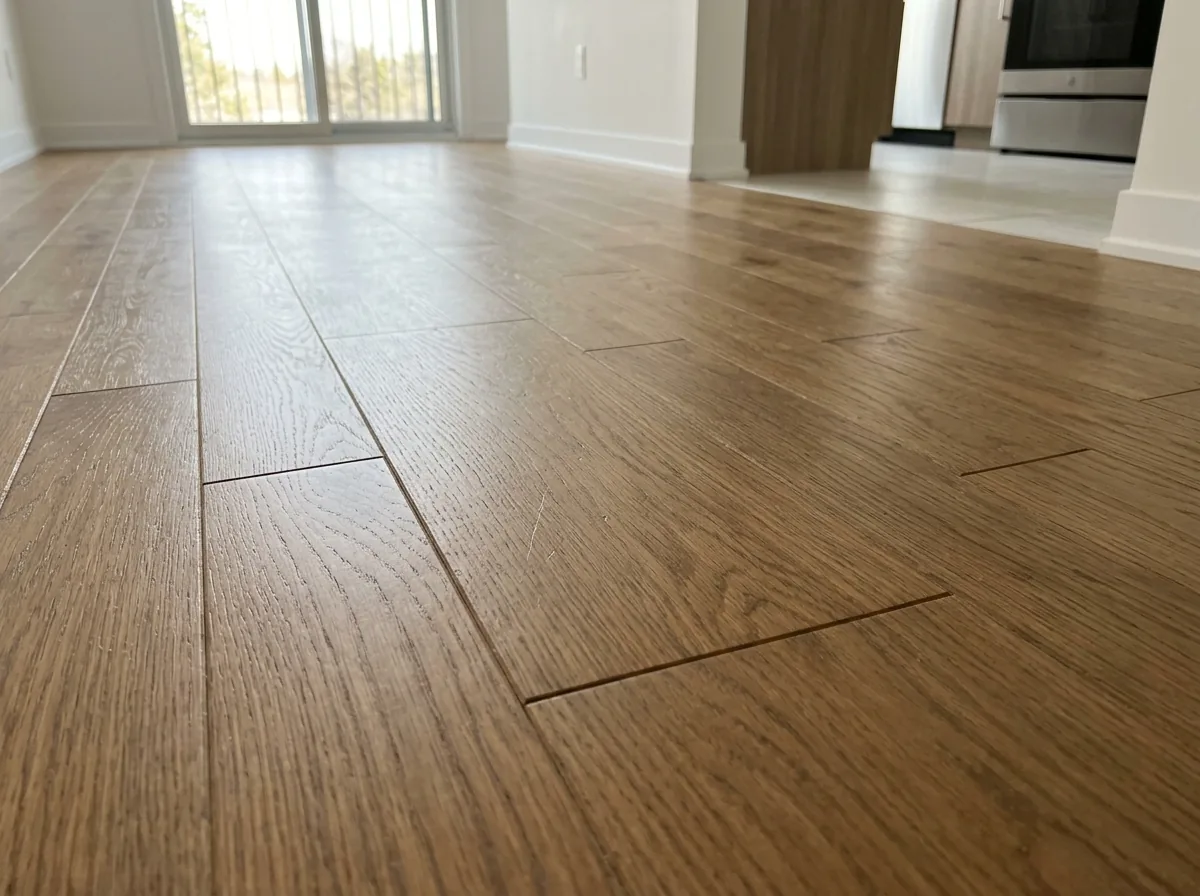 Factory-finished engineered oak planks with beveled edges in a condo living room