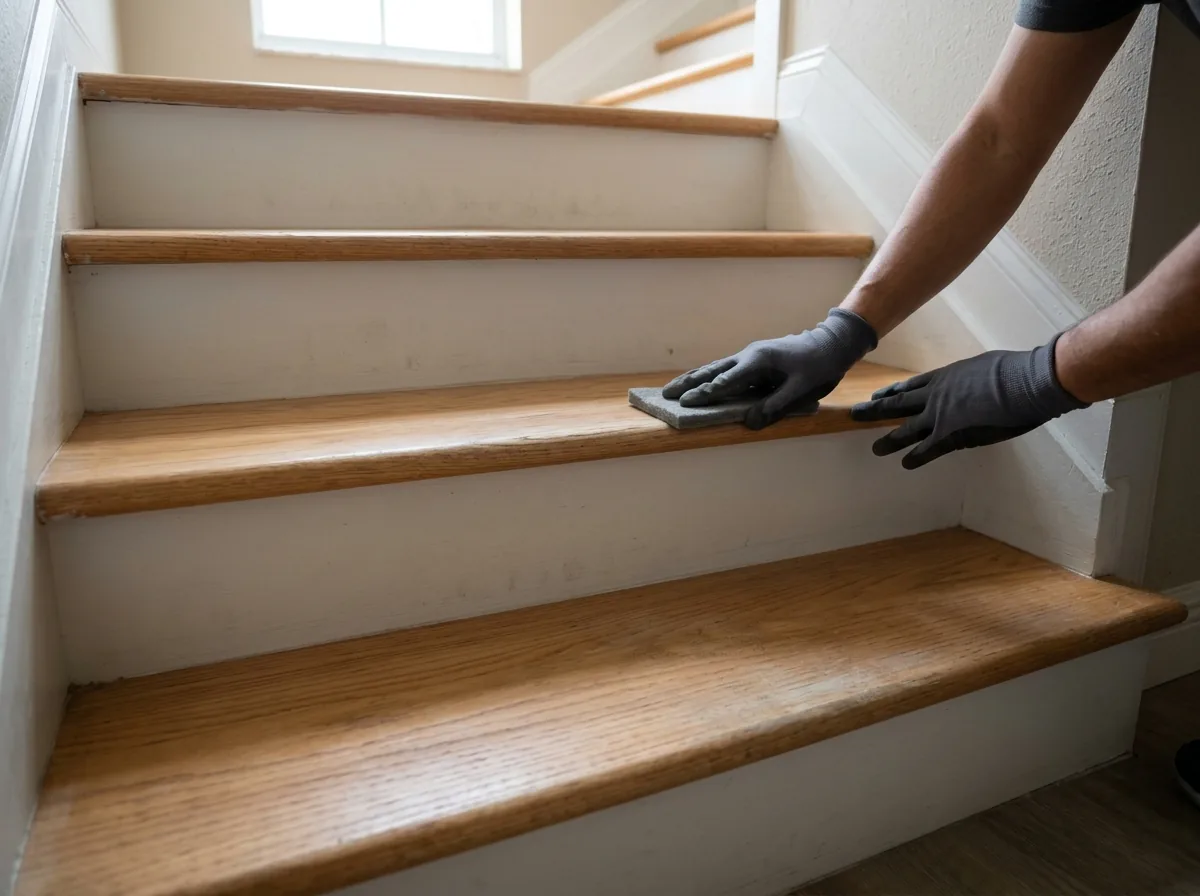 Hands abrading the rounded nosing of an oak stair tread with a hand pad