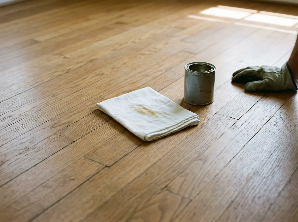 White cloth with a faint yellow smear resting on an older waxed oak strip floor