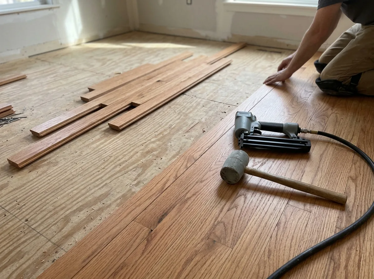 Solid red oak strips racked out and nailed over a plywood subfloor