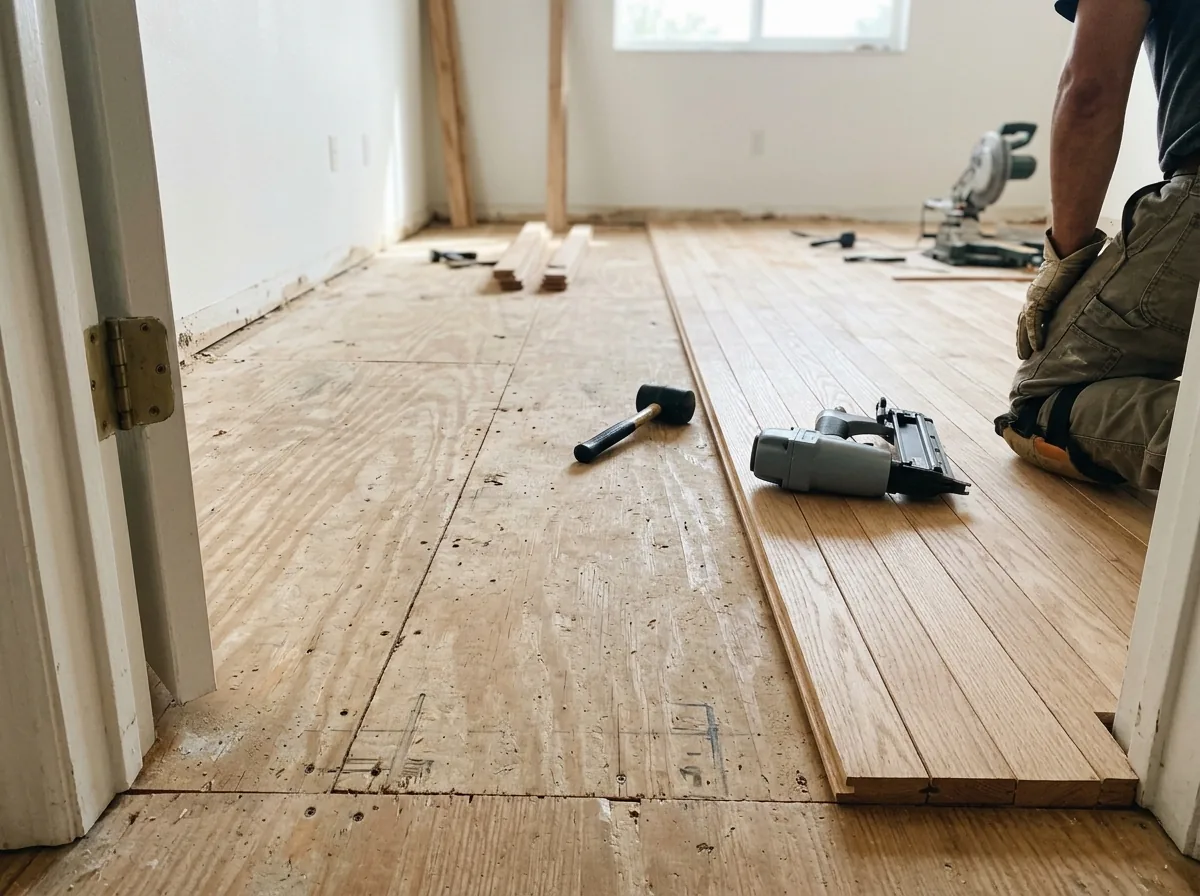 Rows of solid oak strips blind-nailed over a plywood subfloor in an upstairs room