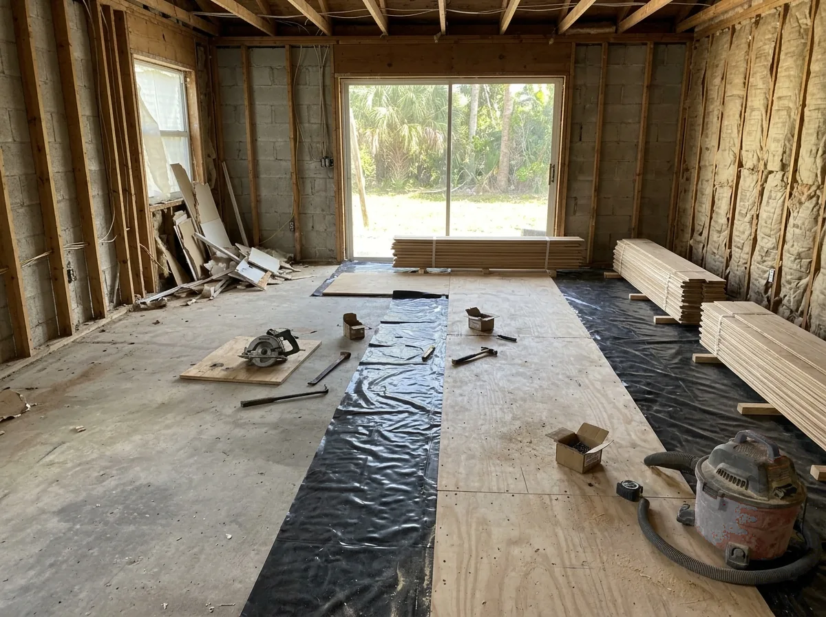 Plywood nailing panels fastened to a concrete slab with solid oak boards stacked beside them