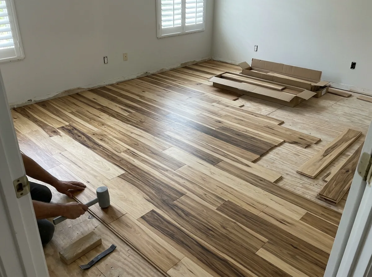 Prefinished solid hickory planks being laid in a bedroom with furniture moved out