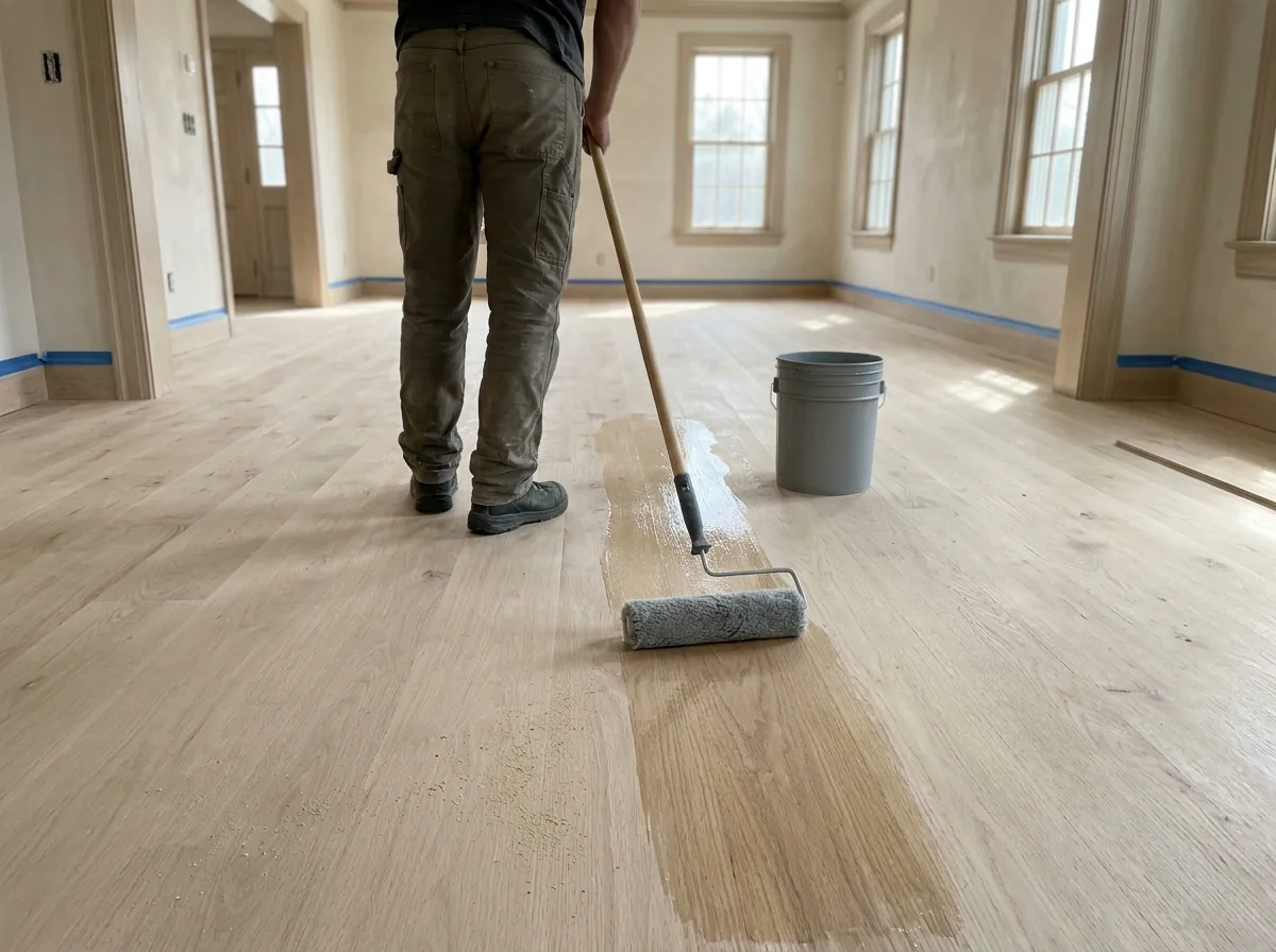 Freshly sanded raw oak floor with a sealer coat going on in a sunlit living room
