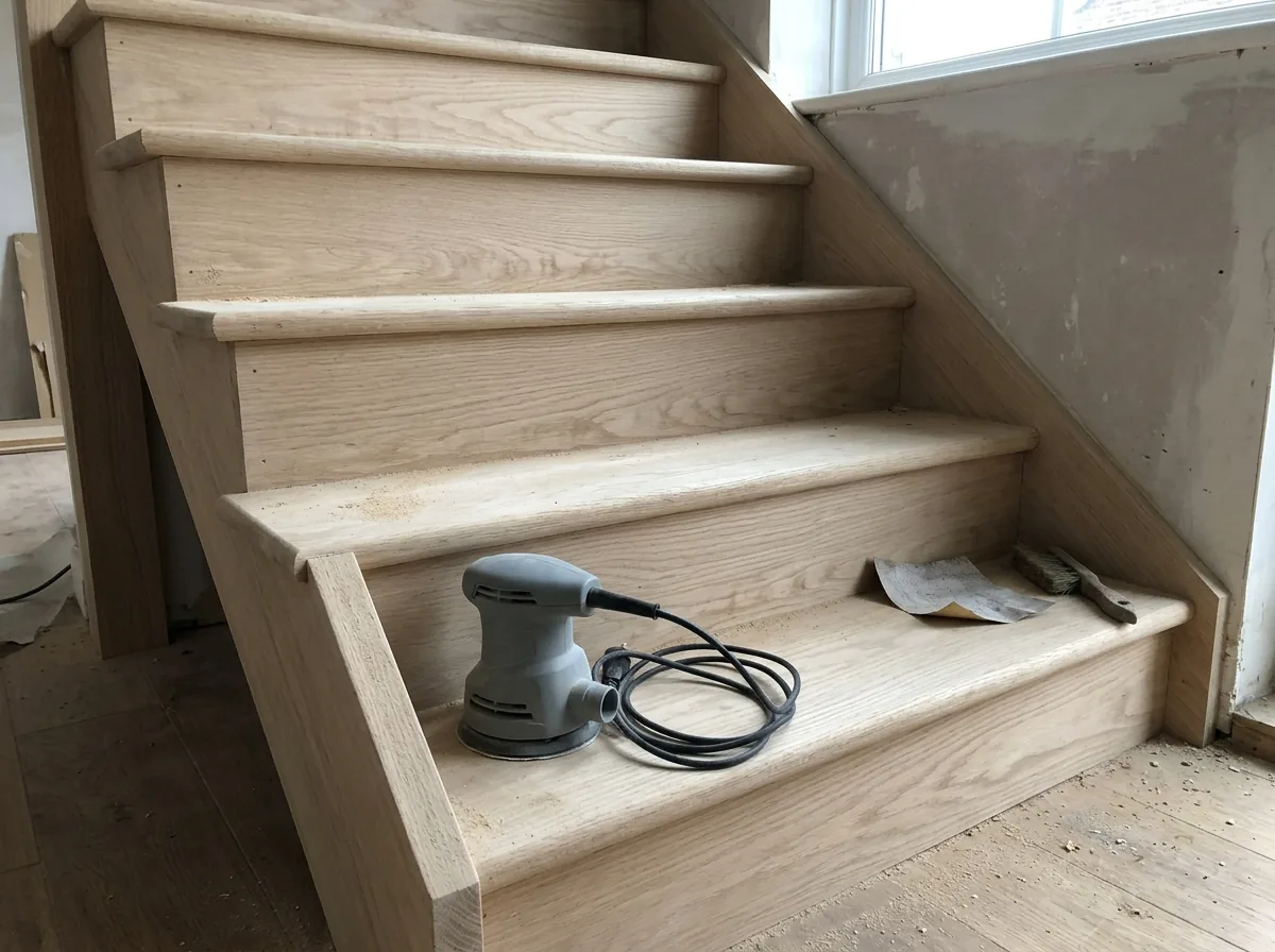 All-wood oak staircase sanded back to bare wood on treads, risers and side stringers