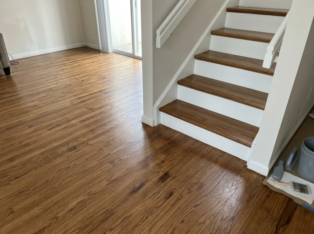 Oak stair treads stained to the same warm brown as the newly finished floor at the foot of the stairs