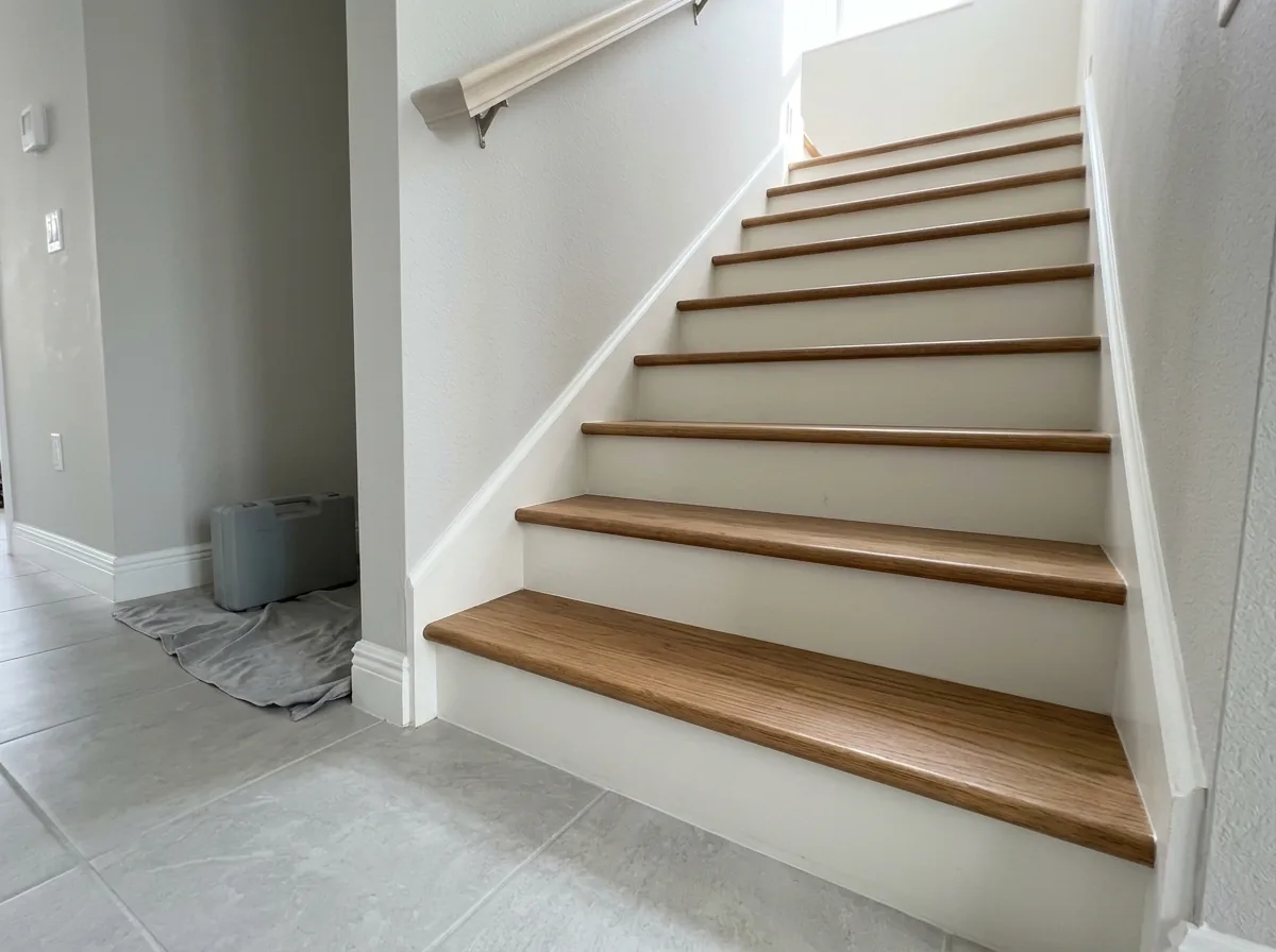 Staircase with freshly finished medium-brown oak treads and crisp white painted risers