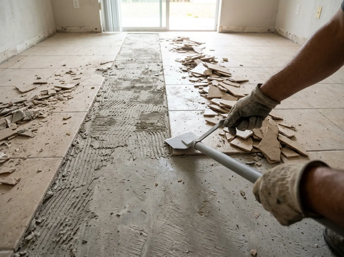 Ceramic floor tiles being chipped up from a concrete slab, with a strip of bare gray concrete exposed