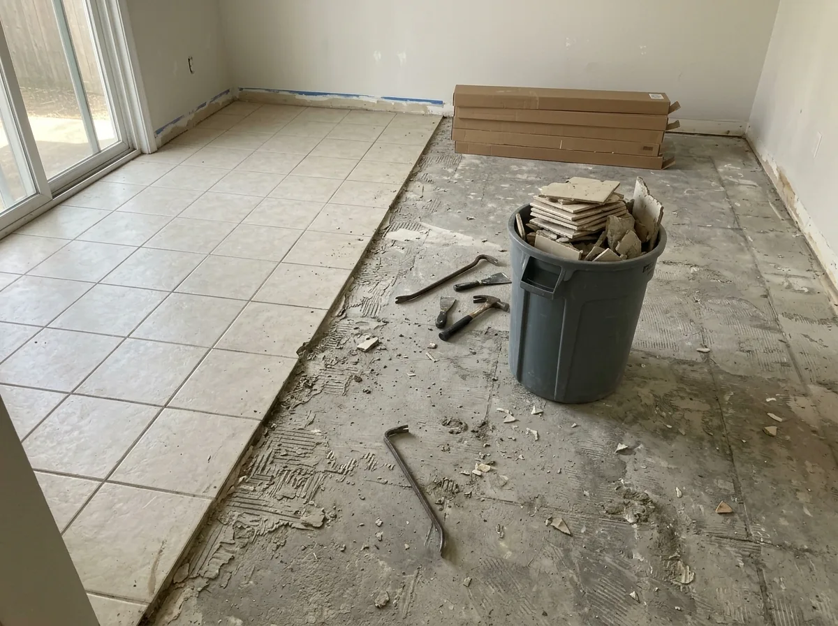 Half-stripped ceramic tile floor exposing the concrete slab, with boxed wood flooring waiting by the wall
