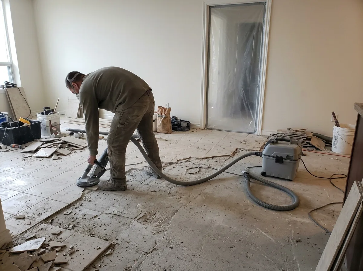 Worker seen from behind running a shrouded floor tool connected by hose to a gray dust extractor