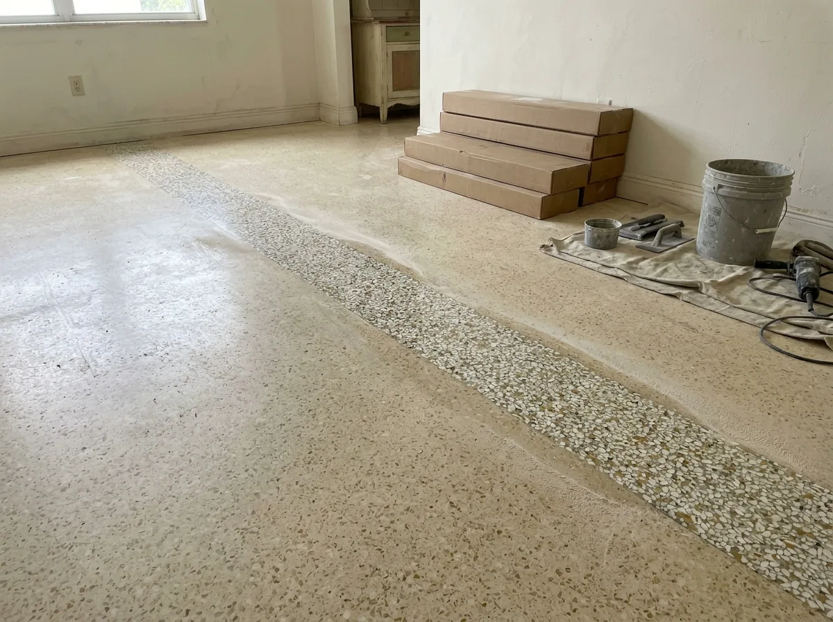 Old terrazzo floor with a strip ground back to bright chips beside a stack of wood flooring boxes