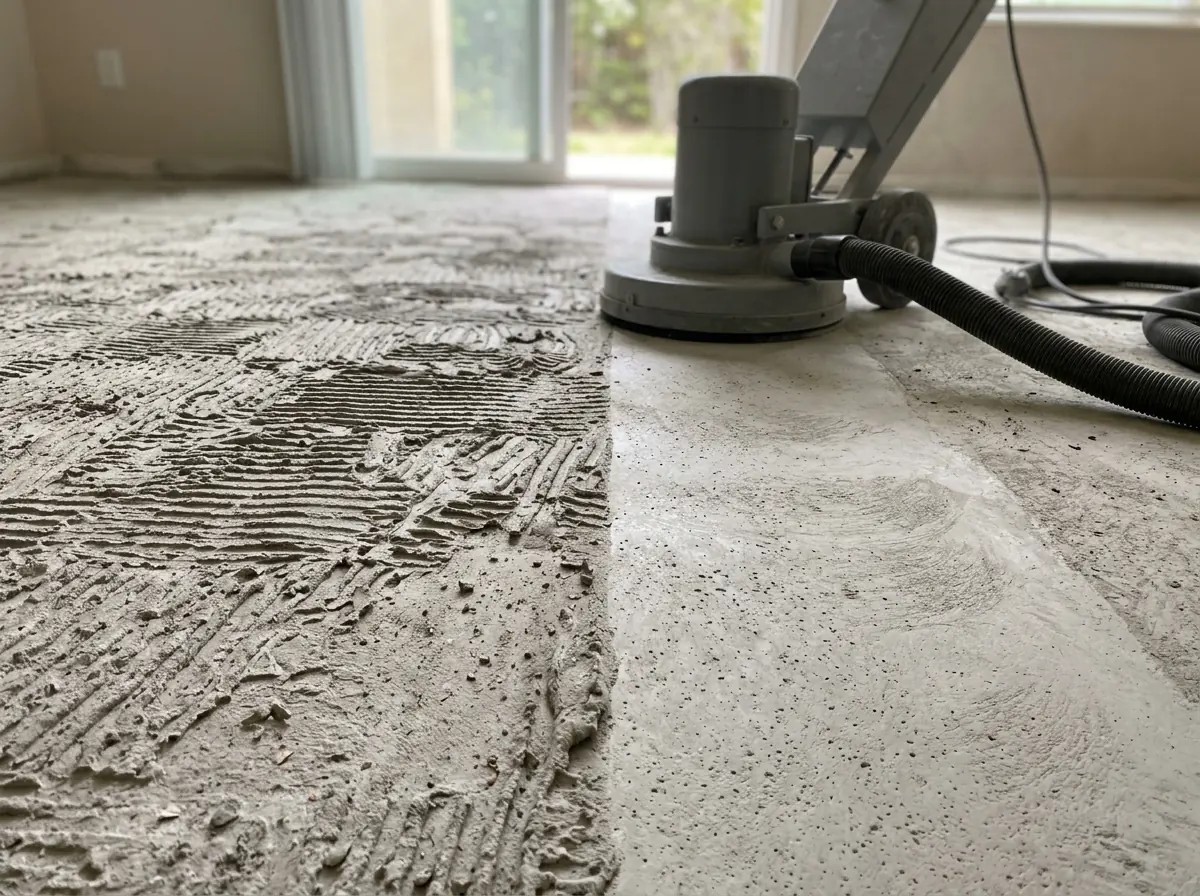 Floor grinder leaving a smooth band of clean concrete next to ridges of old thinset
