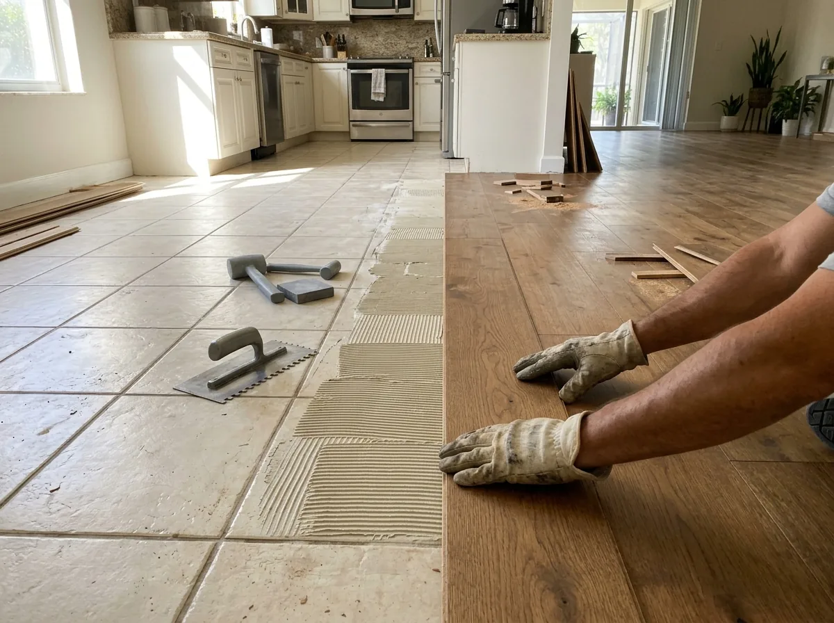 Engineered oak planks being set on adhesive spread over old glazed floor tile