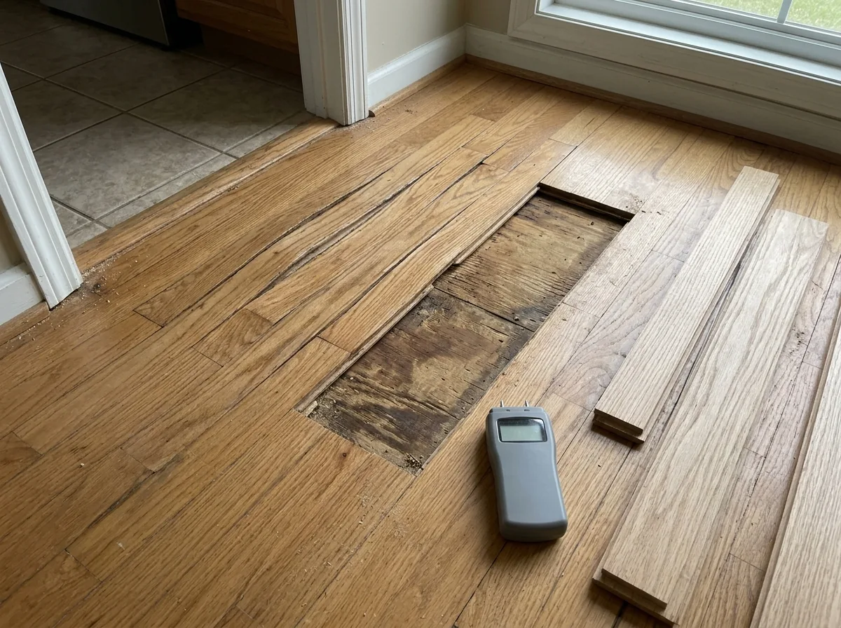Cupped oak boards near a doorway with a few boards cut out for replacement