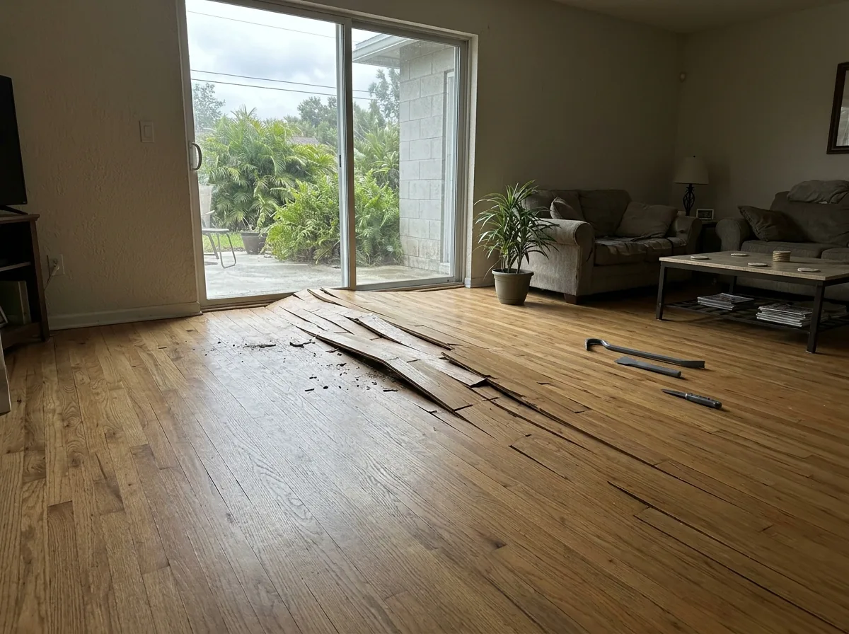 Section of oak flooring lifted off a concrete slab in a ridge near a sliding glass door