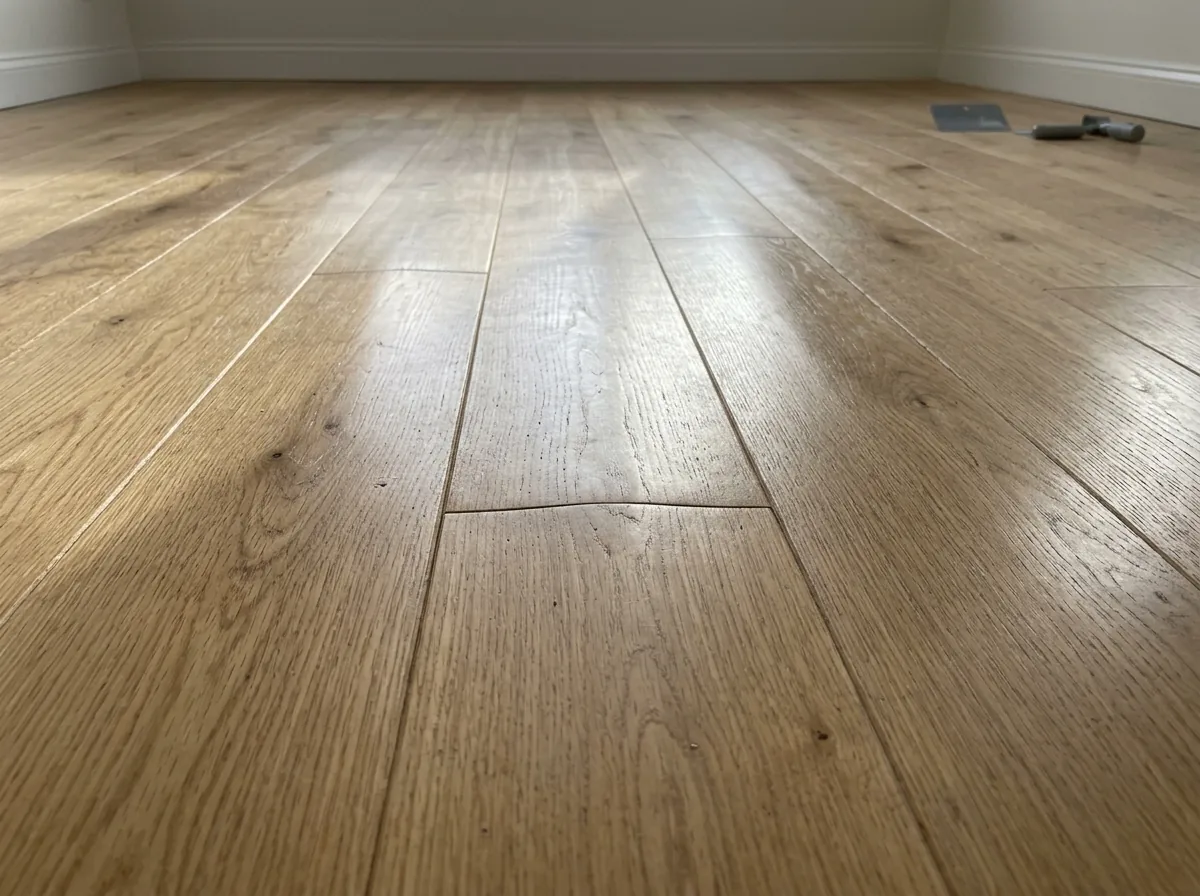 Oak boards with slightly raised centers catching light along the middle of each plank