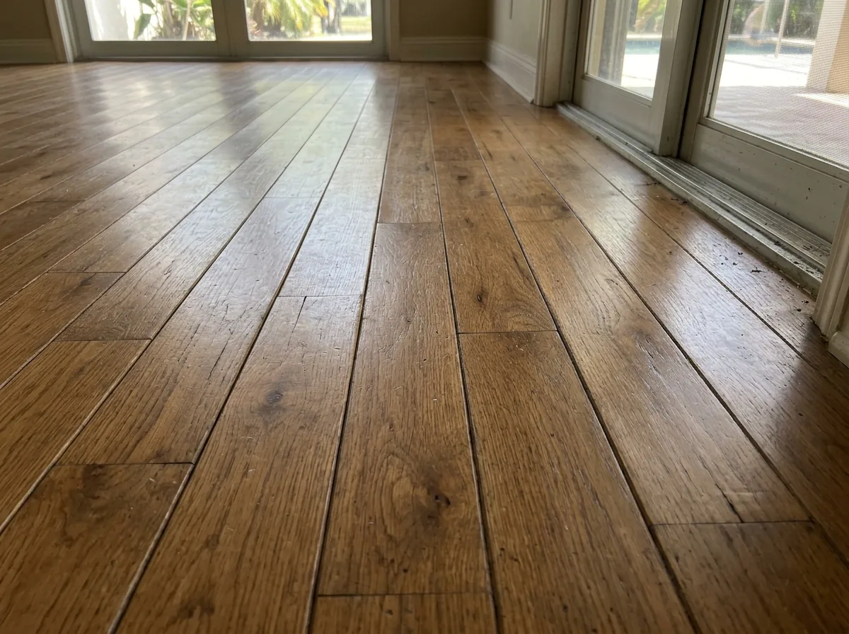 Oak floor with board edges standing higher than their centers, shadows along each seam