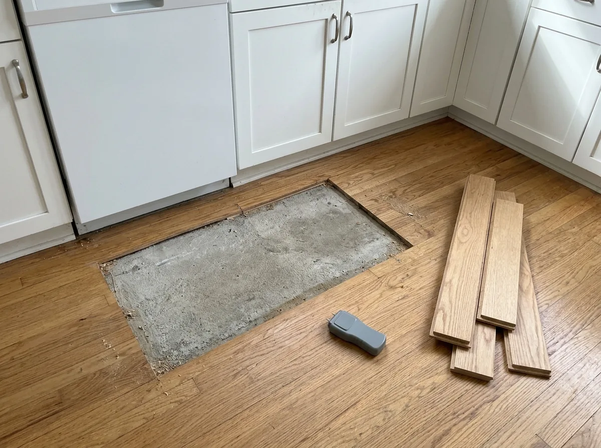 Oak boards cut out in front of a dishwasher, exposing the concrete beneath
