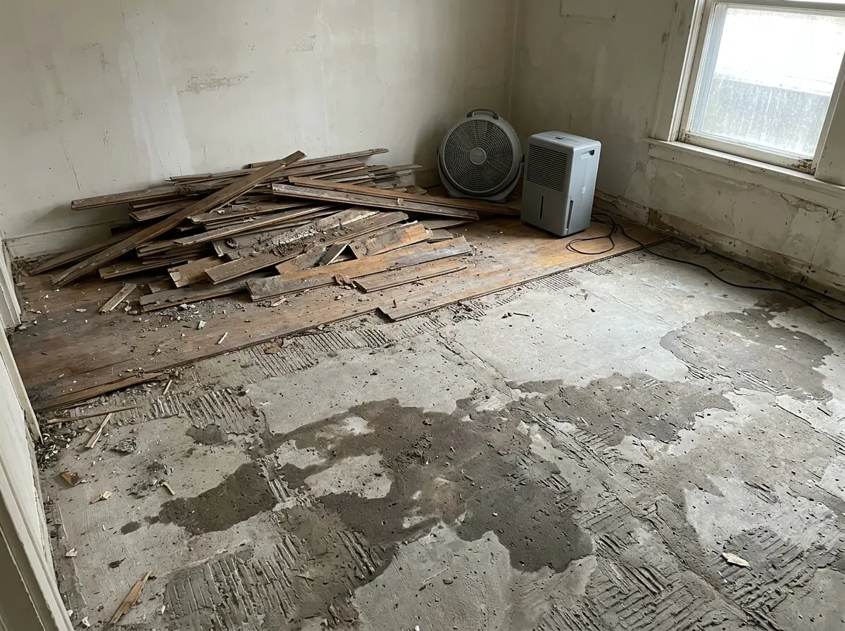 Bare concrete slab with damp patches after wood flooring was pulled up, a fan and dehumidifier drying the room