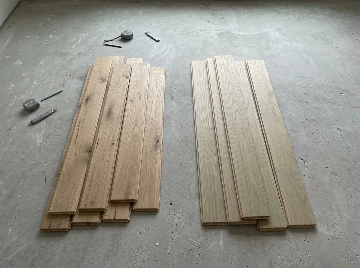 Side-by-side white oak floor sections, one warmer brown and one paler, in a showroom-style room