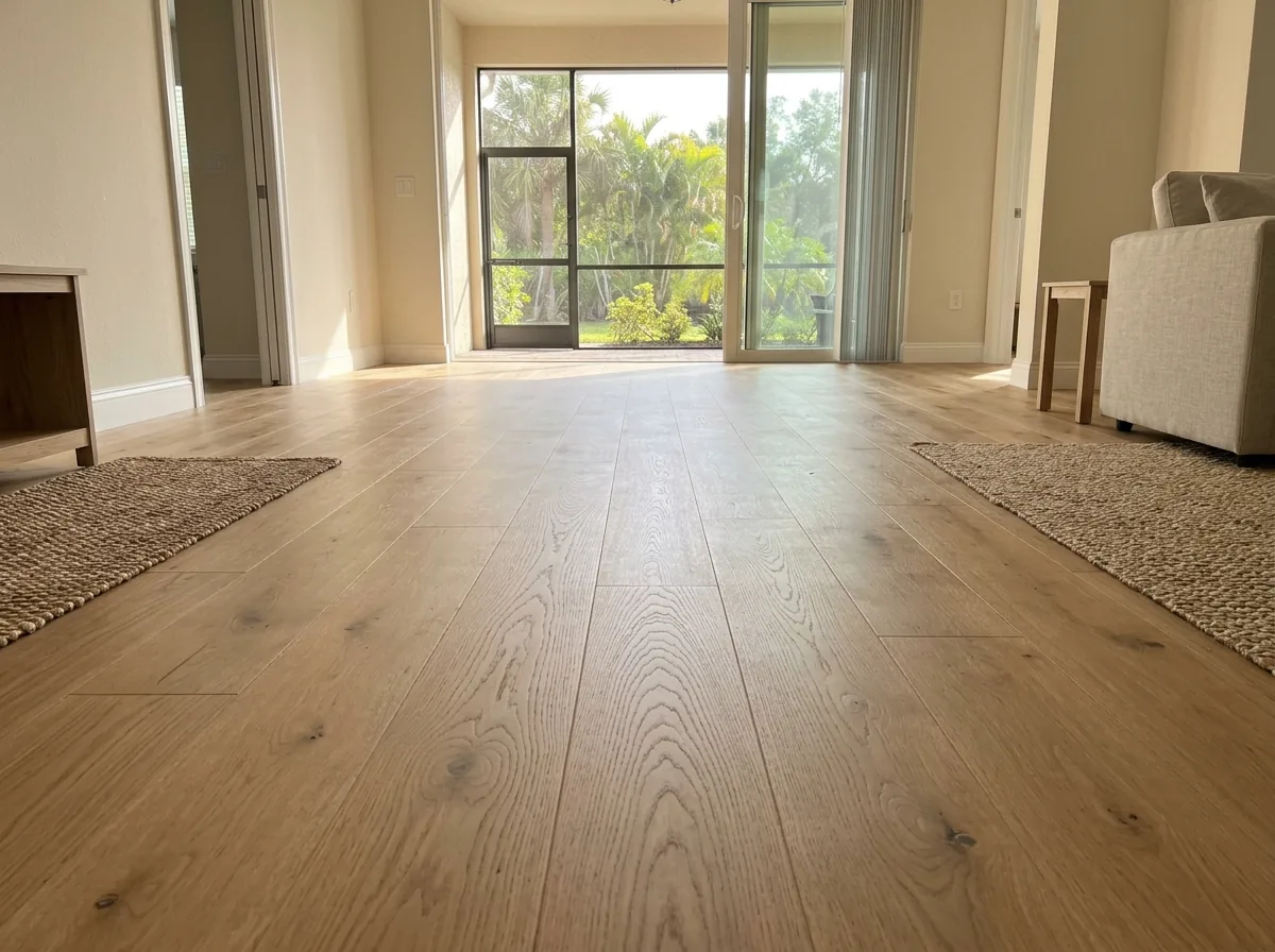 Plain-sawn white oak floor with wide cathedral grain in a bright living room