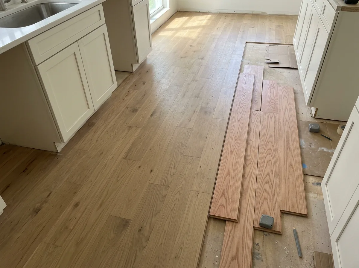 Red oak and white oak planks laid next to each other on a floor to compare tone