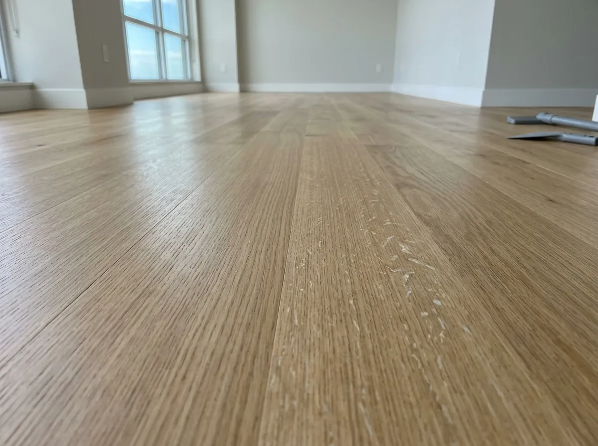 Rift and quartered white oak floor showing straight tight grain and ray flecks