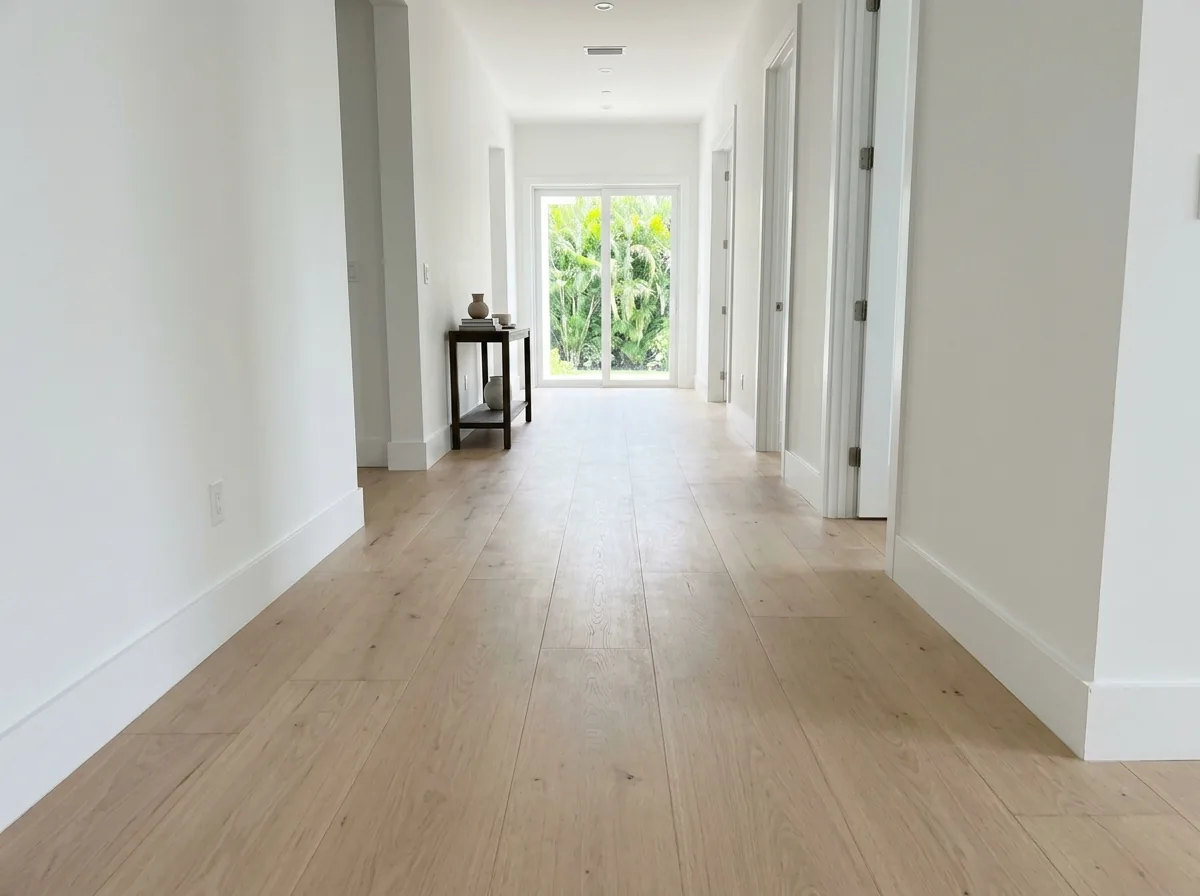 Long wide white oak planks running down a hallway toward a glass slider