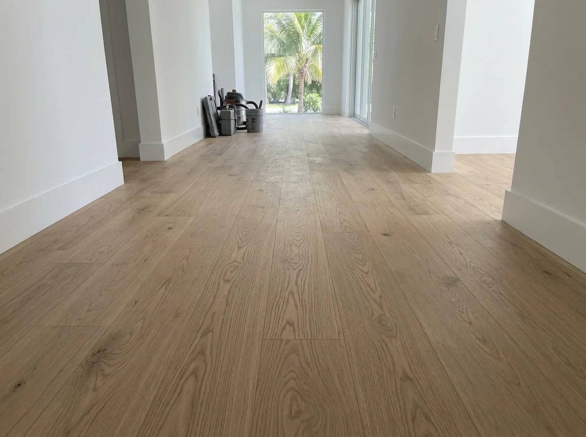 Long hallway with eight-inch natural white oak planks and white baseboards